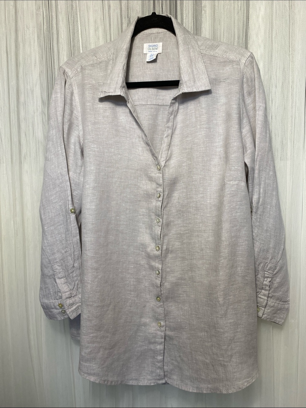 Sigrid Olsen 100% Linen Pale Lavender Button-Front Linen Shirt Roll Tap Sleeves